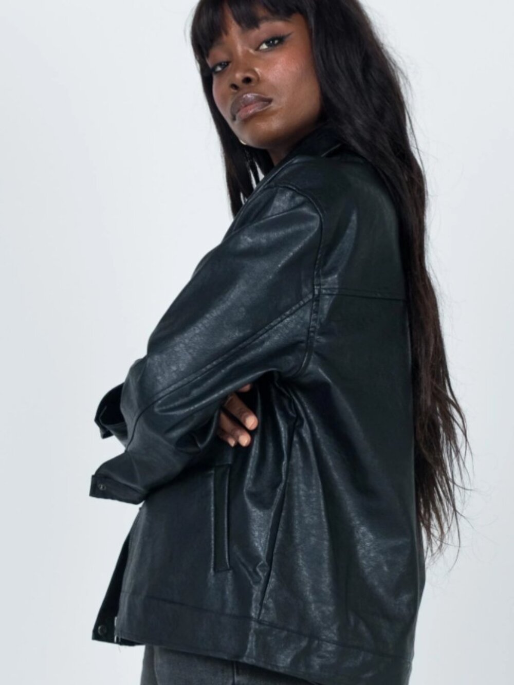 Faux Leather Jacket | Black Oversized Moto Style - Picture 4 of 6